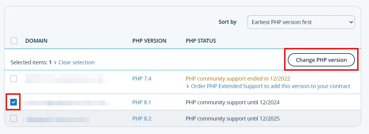PHP status of domains in IONOS customer account Image: PHP status of domains in IONOS customer account
