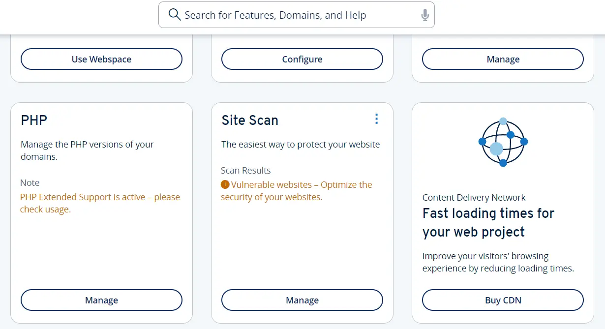 IONOS customer account: PHP option in Hosting dashboard Image: IONOS customer account: PHP option in Hosting dashboard