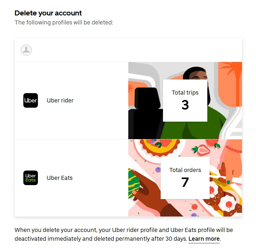 Screenshot showing which Uber accounts will be deleted on the website Image: Screenshot showing which Uber accounts will be deleted on the website