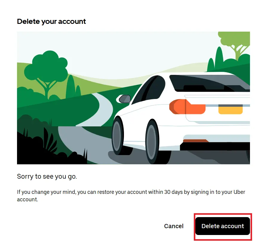 Screenshot of the account deletion on the Uber website Image: Screenshot of the account deletion on the Uber website
