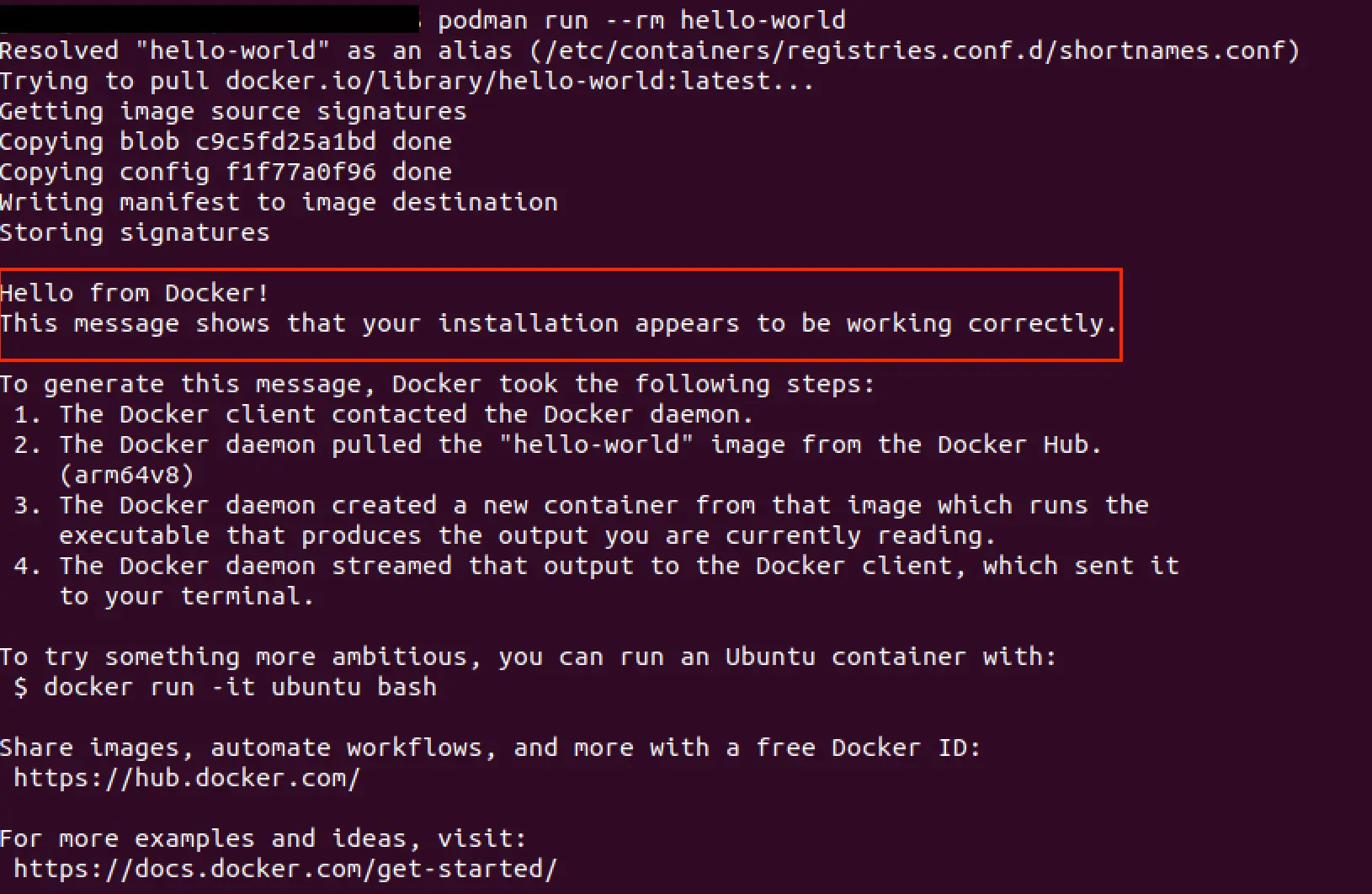Image: Podman: Successful creation of a test container