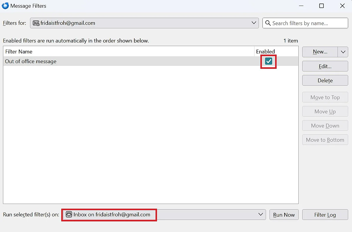 Image: Set up Thunderbird out-of-office: Activate filter