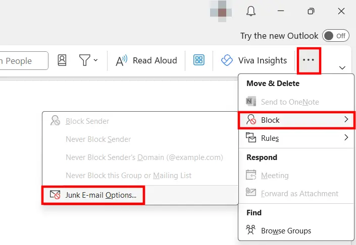 Junk E-mail options in the simplified Outlook ribbon Image: Junk E-mail options in the simplified Outlook ribbon