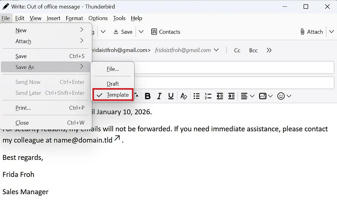 Image: Thunderbird out-of-office: Save text as template