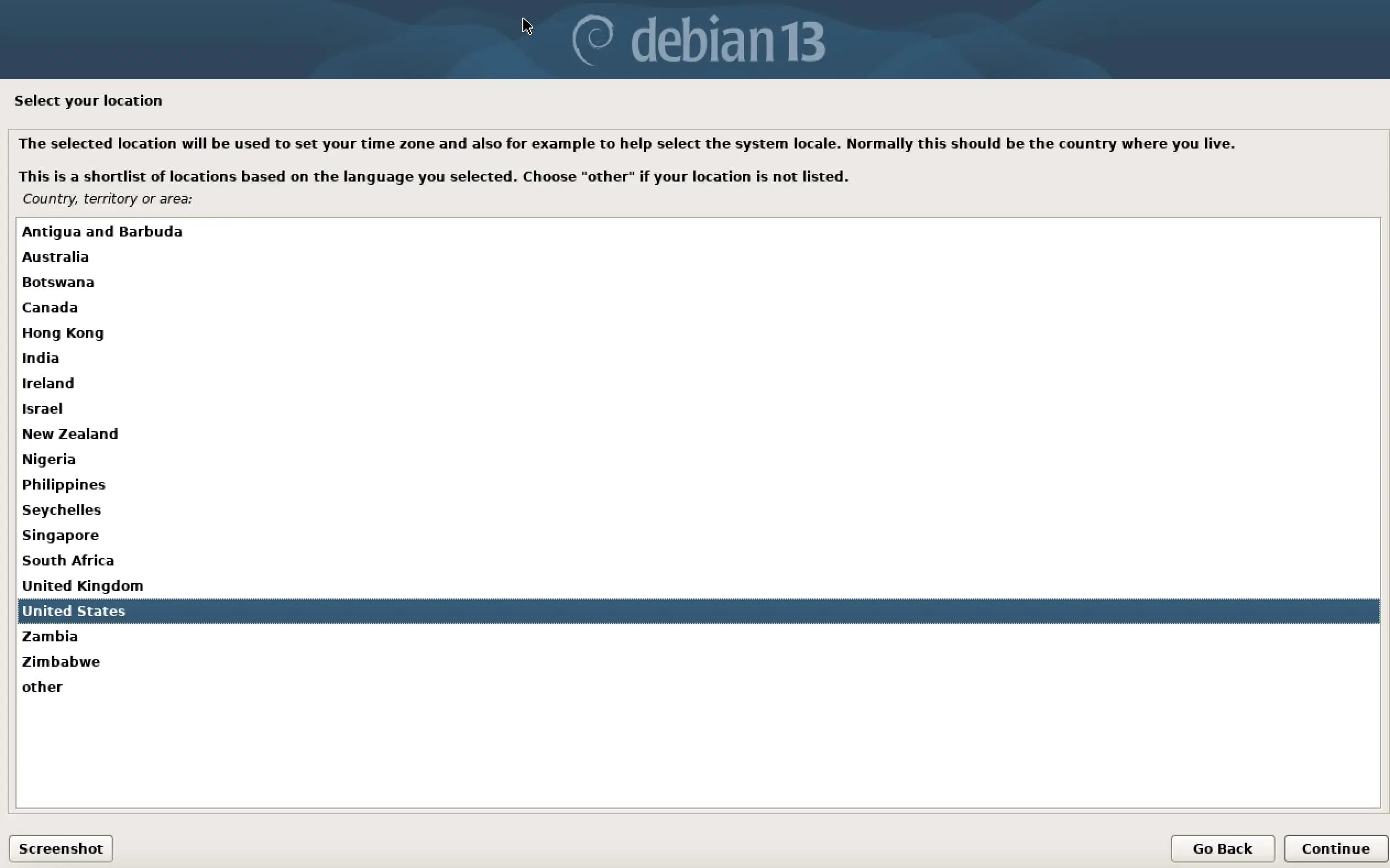 Screenshot of Debian 13 installation: Choose Location Image: Screenshot of Debian 13 installation: Choose Location
