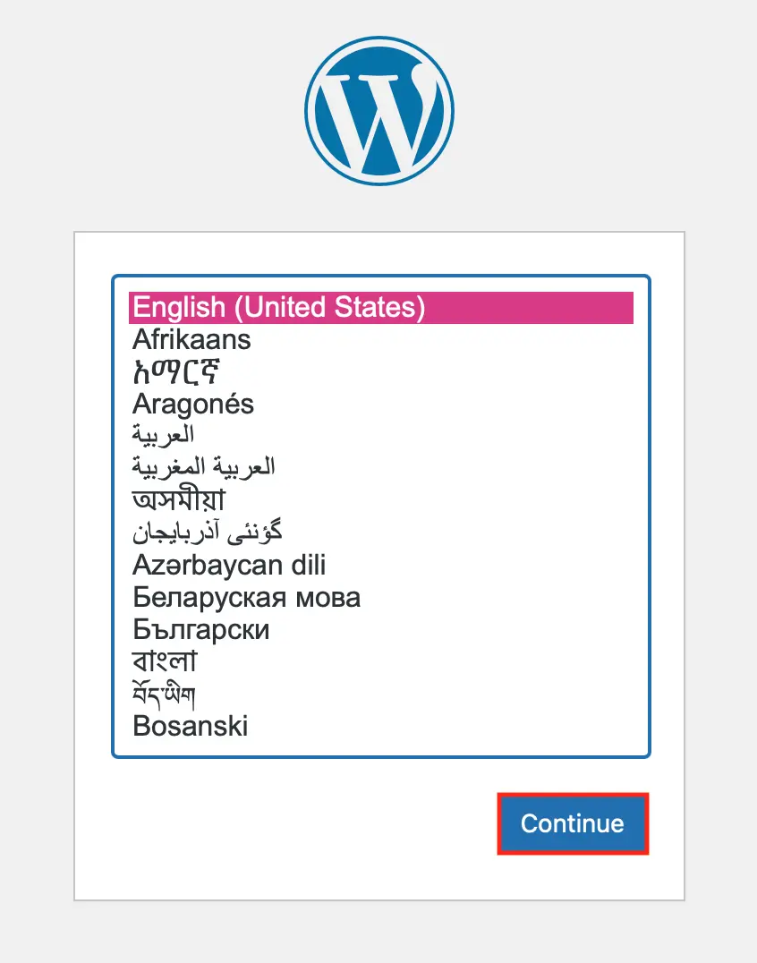 Screenshot showing the WordPress language selection Image: Screenshot showing the WordPress language selection