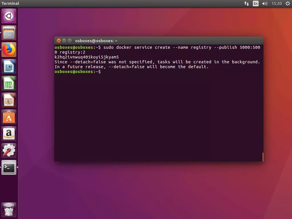 Image: The command “docker service create” in the Ubuntu terminal