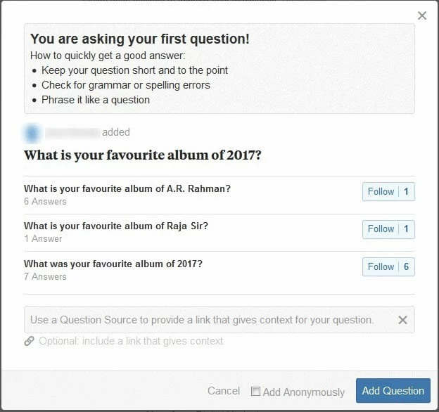 Question function on Quora