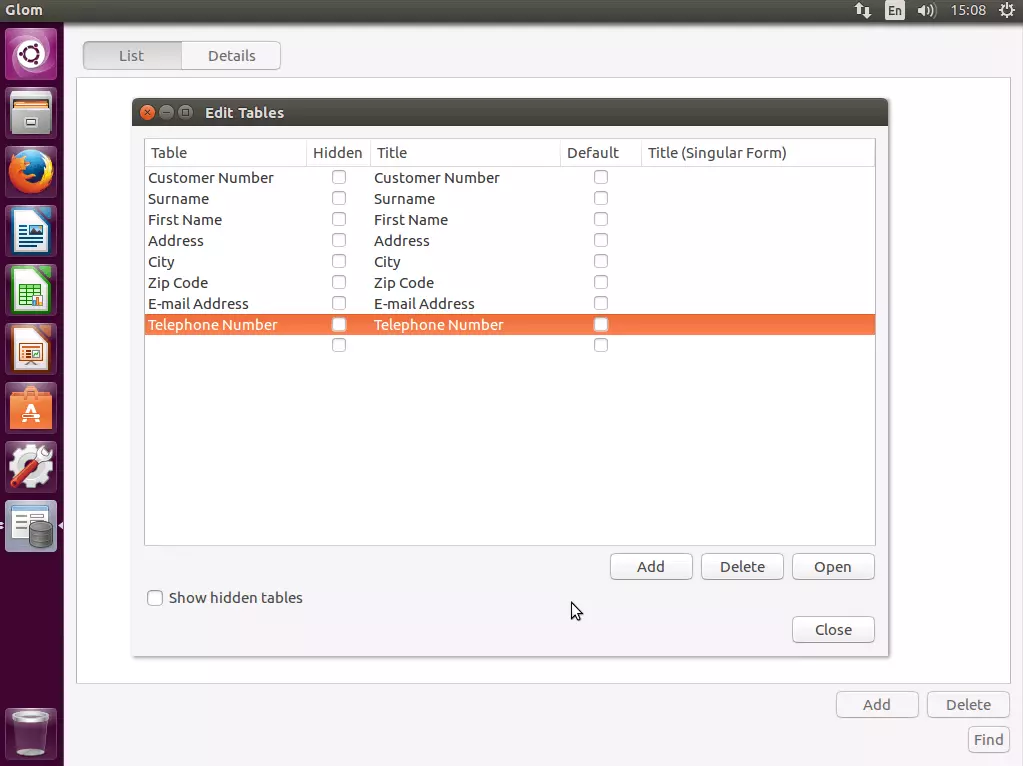 Menu specifying database fields in Glom