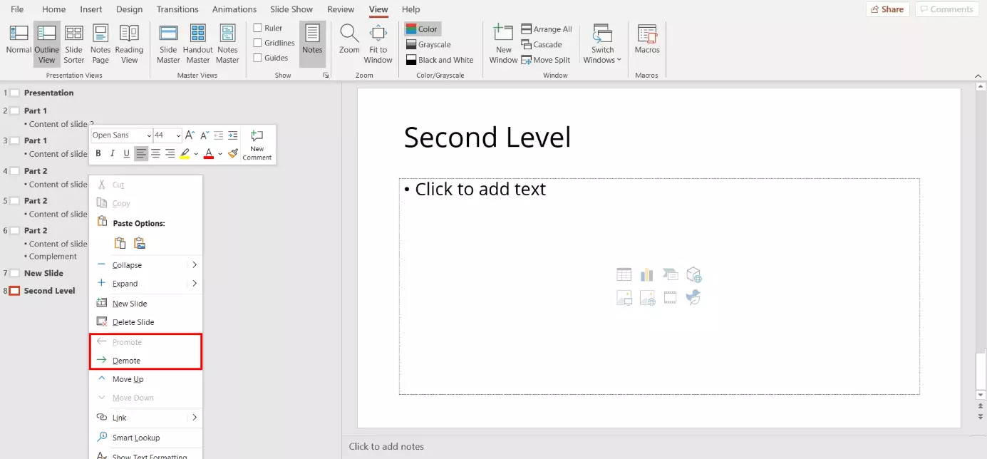 Outline view in PowerPoint: change hierarchy