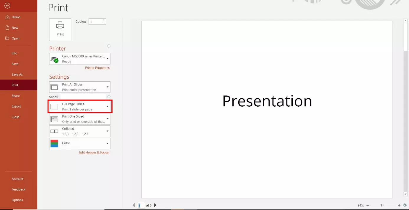 PowerPoint print settings