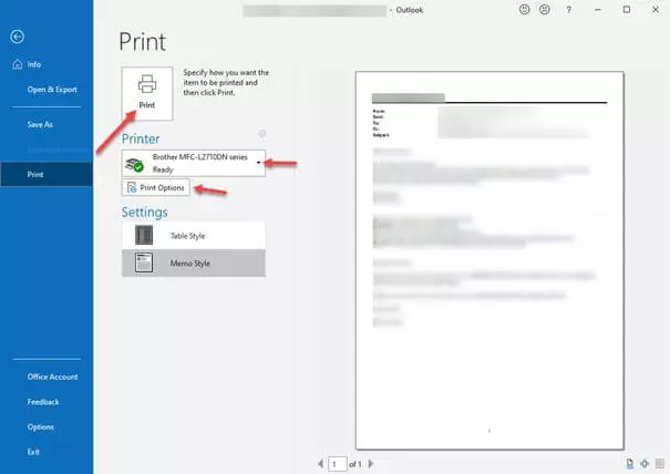 Outlook “Print” window: print button (left) and preview of the email (right)