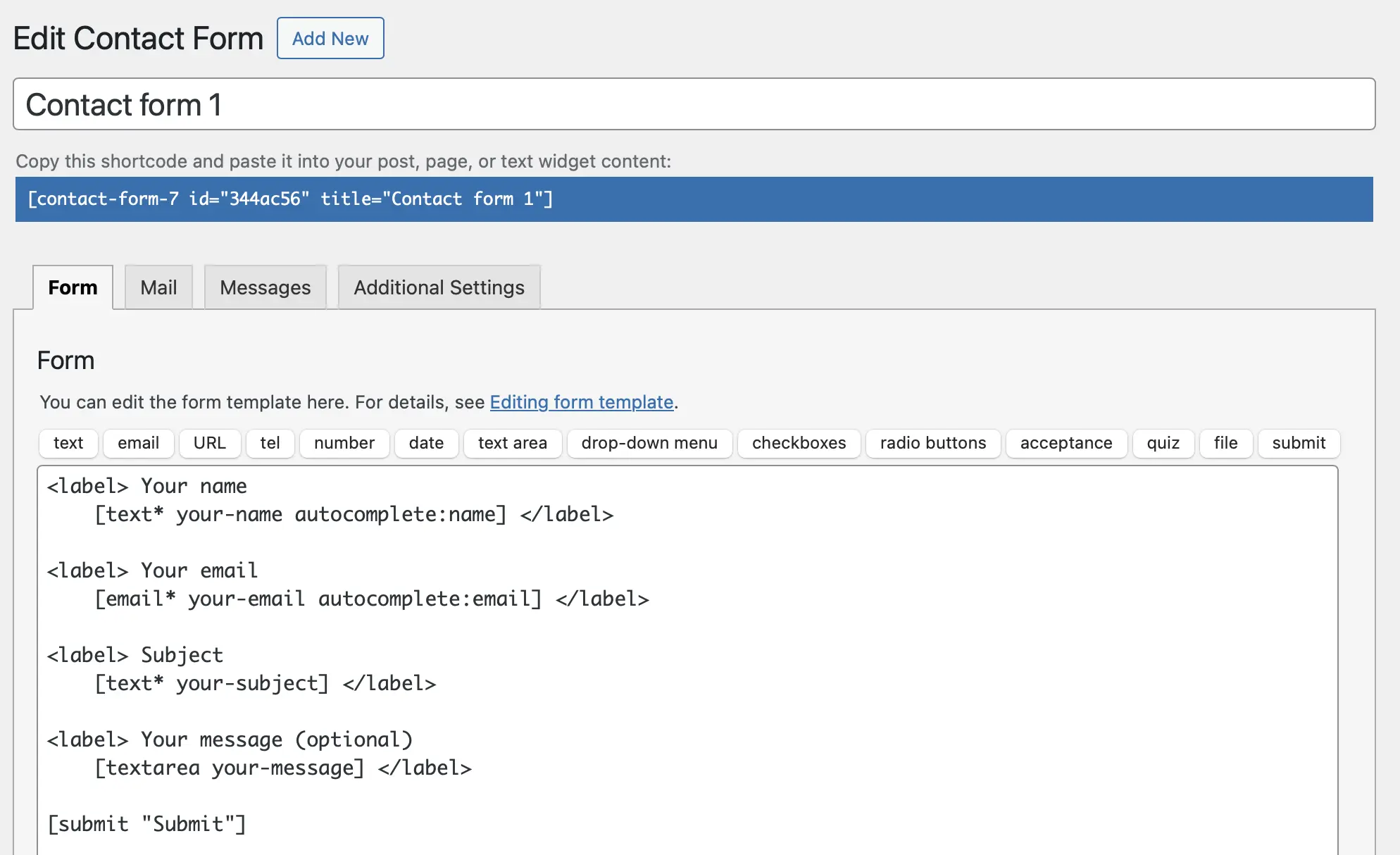 Screenshot of the Contact Form 7 interface Image: Screenshot of the Contact Form 7 interface