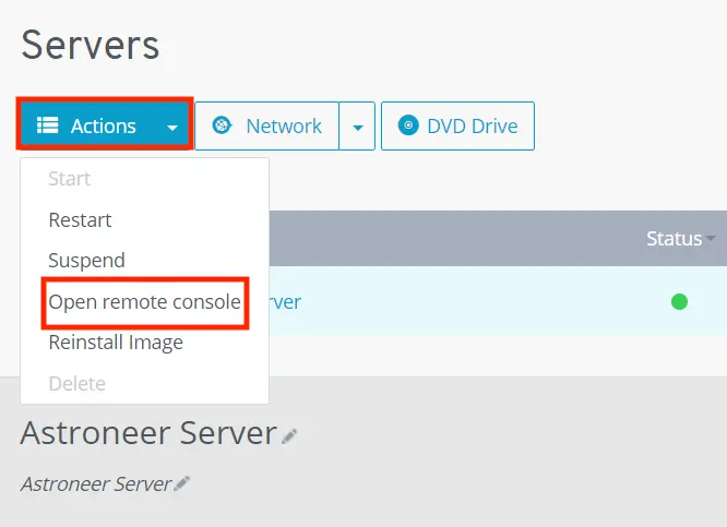 Image: Screenshot of the IONOS cloud panel: Open remote console