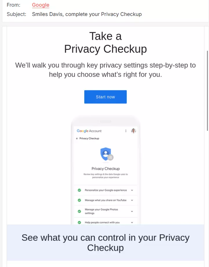 Example of a newsletter from Google containing information on privacy Image: Example of a newsletter from Google containing information on privacy