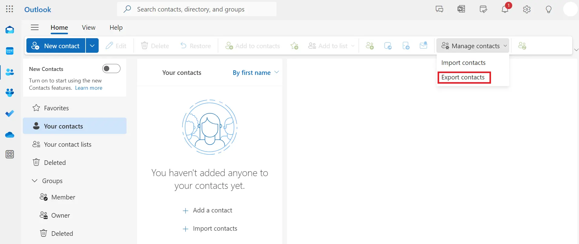 Image: Outlook on the web: Manage contacts option