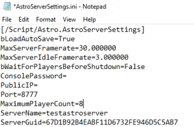 Image: Screenshot of the configuration file for your Astroneer dedicated server