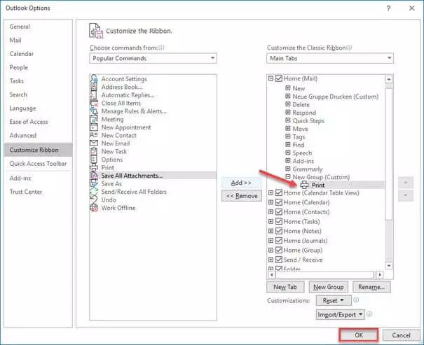 “Customize Ribbon” window in Outlook with new group and print function