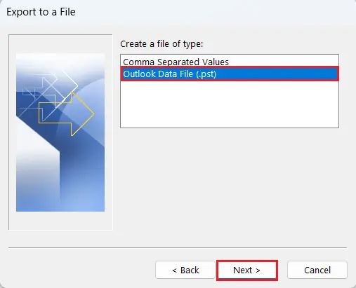 Image: Outlook Import and Export Wizard: Available file types
