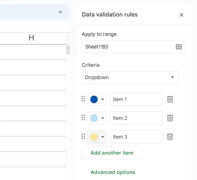 Image: Google Sheets: Example of drop-down elements