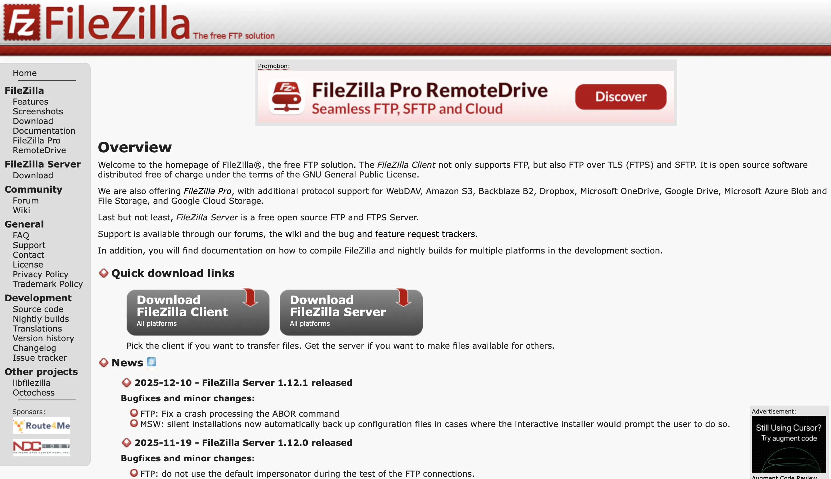 Screenshot of the FileZilla website Image: Screenshot of the FileZilla website