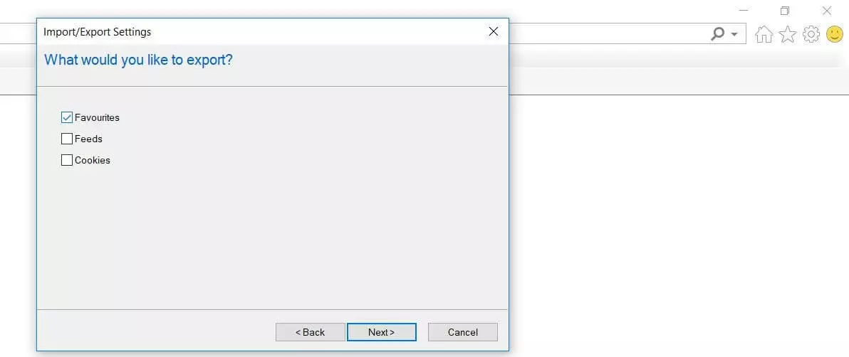 Image: Internet Explorer 11: Selecting items to be exported