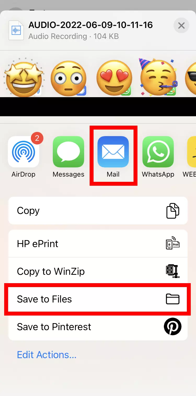 Image: iPhone screenshot of how you can export a WhatsApp voice message