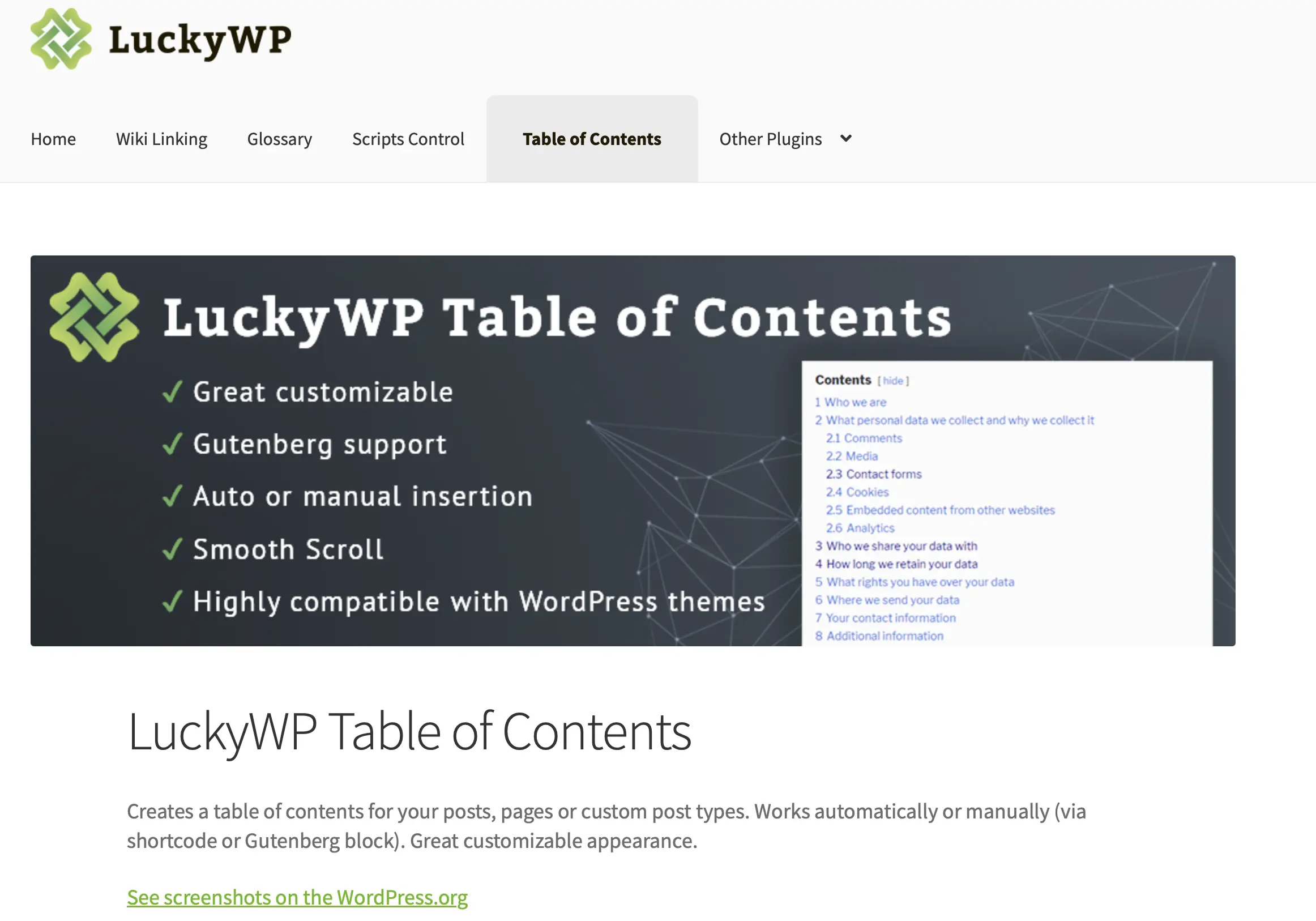 Information page for LuckyWP Table of Contents on the developer’s website Image: Information page for LuckyWP Table of Contents on the developer’s website