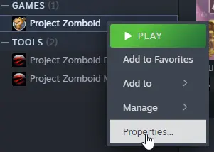 Game properties menu of Project Zomboid in Steam Image: Game properties menu of Project Zomboid in Steam