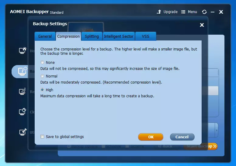 Image: Aomei Backupper Standard 4.0.4: selection menu for compression level