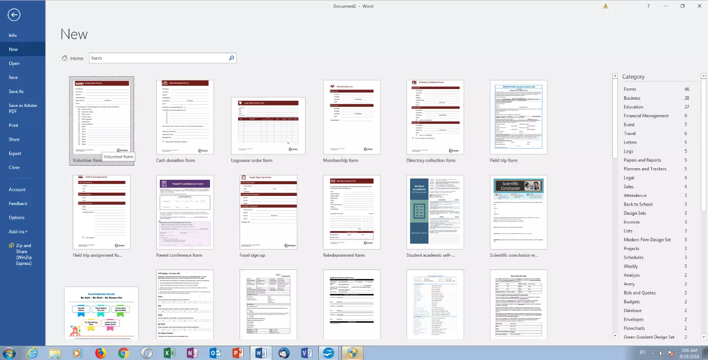 Image: Selection of form templates in MS Word