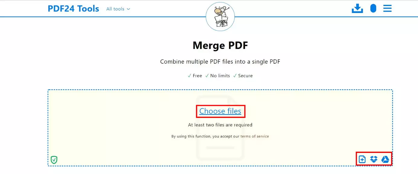 Window for merging PDFs using PDF24: Upload area