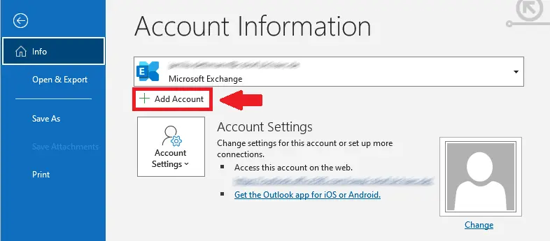 Add a new account in the Outlook app Image: Add a new account in the Outlook app