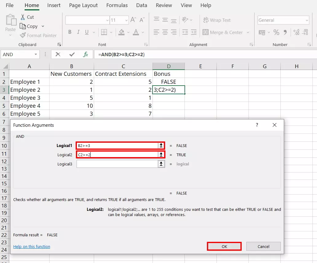 Excel AND: “Function Arguments” dialog box