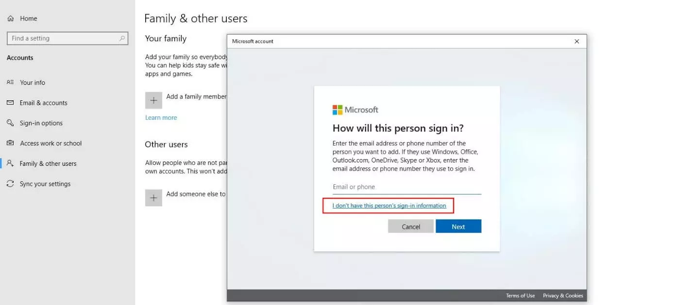 Image: Microsoft dialog “How will this person sign in?”
