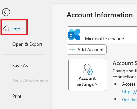 Microsoft Outlook: “Info” option in the “File” tab Image: Microsoft Outlook: “Info” option in the “File” tab