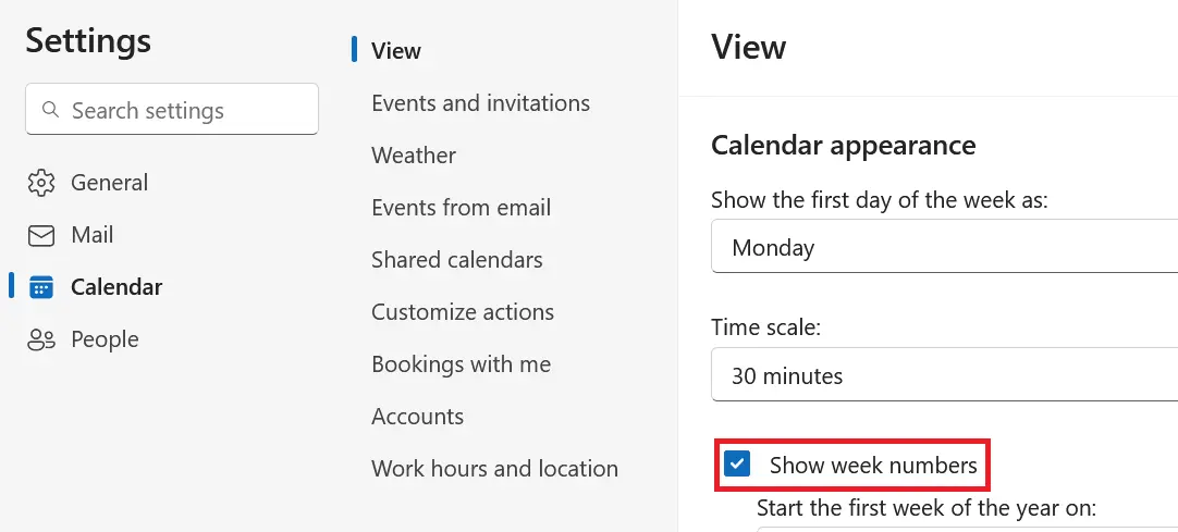 Outlook web calendar settings Image: Outlook web calendar settings