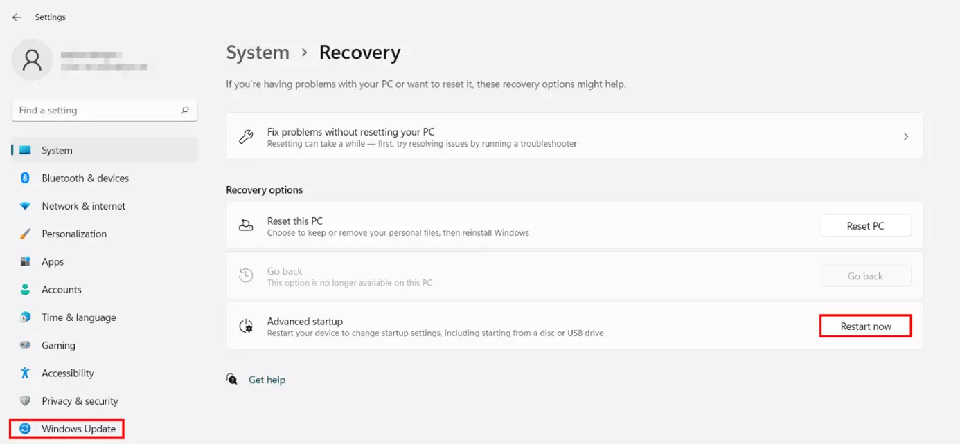 Settings of Windows 11: Button for the extended system start