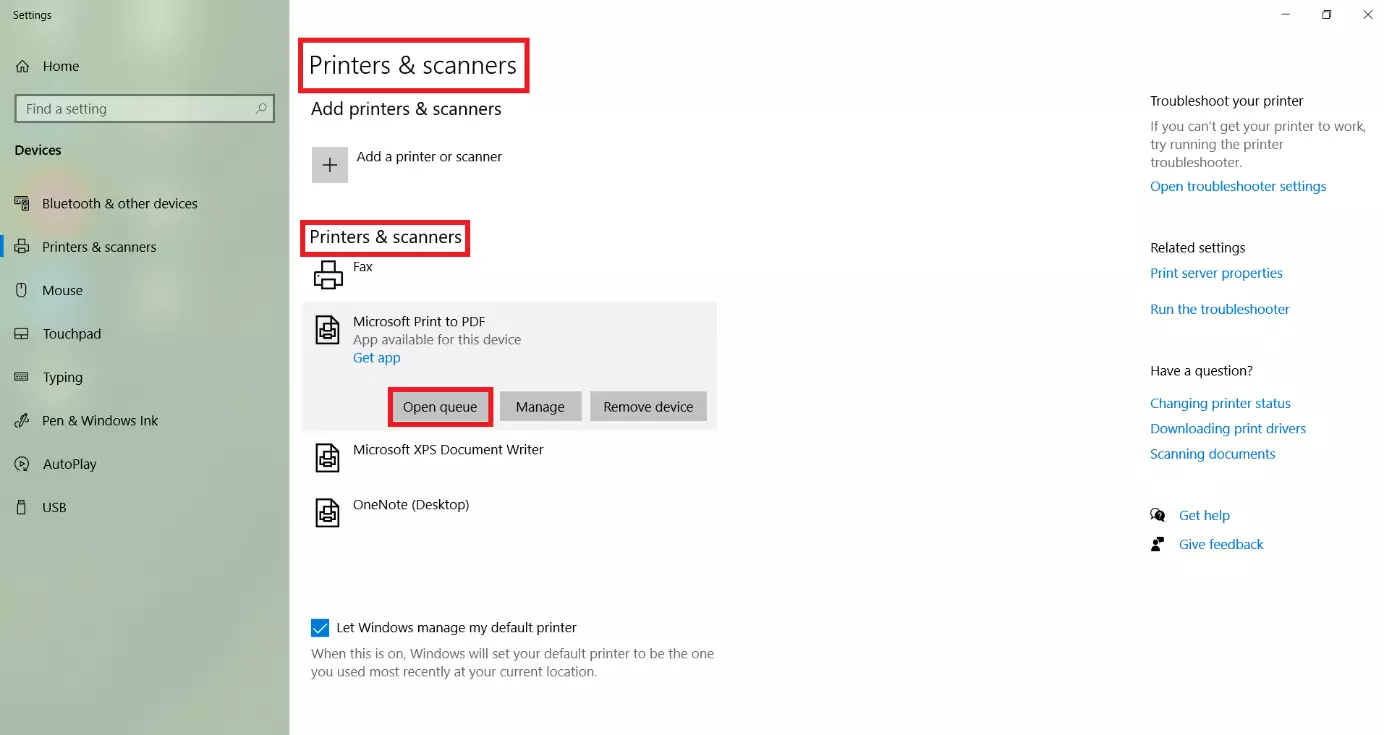 Windows 10: “Printers & scanners” menu