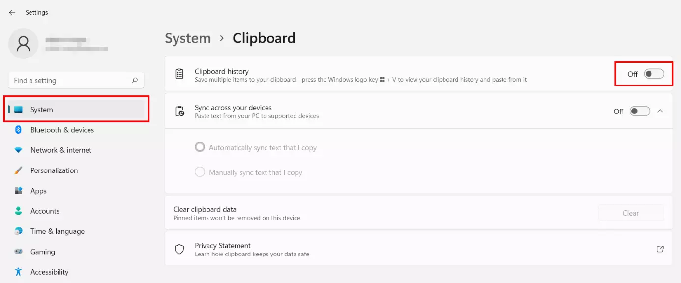 Windows 11: Clipboard history turned off