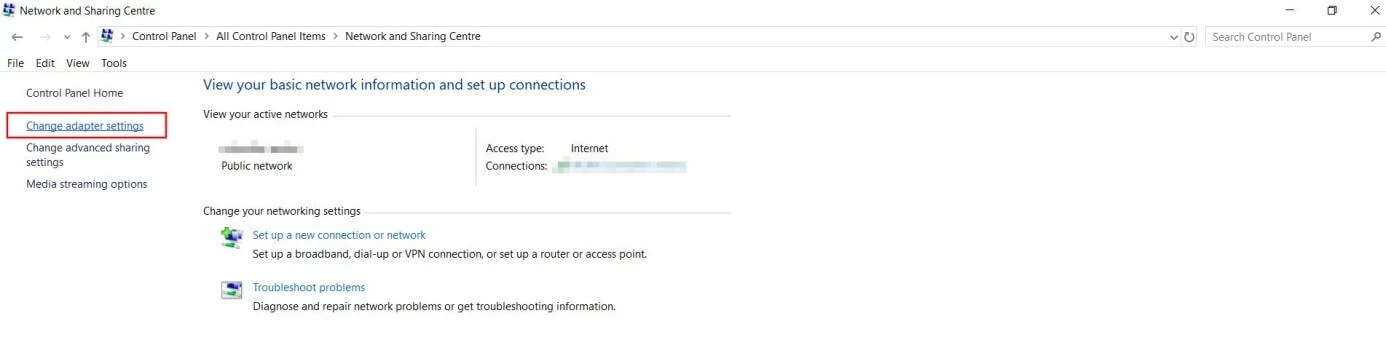 Image: Network and Sharing Center in Windows 10