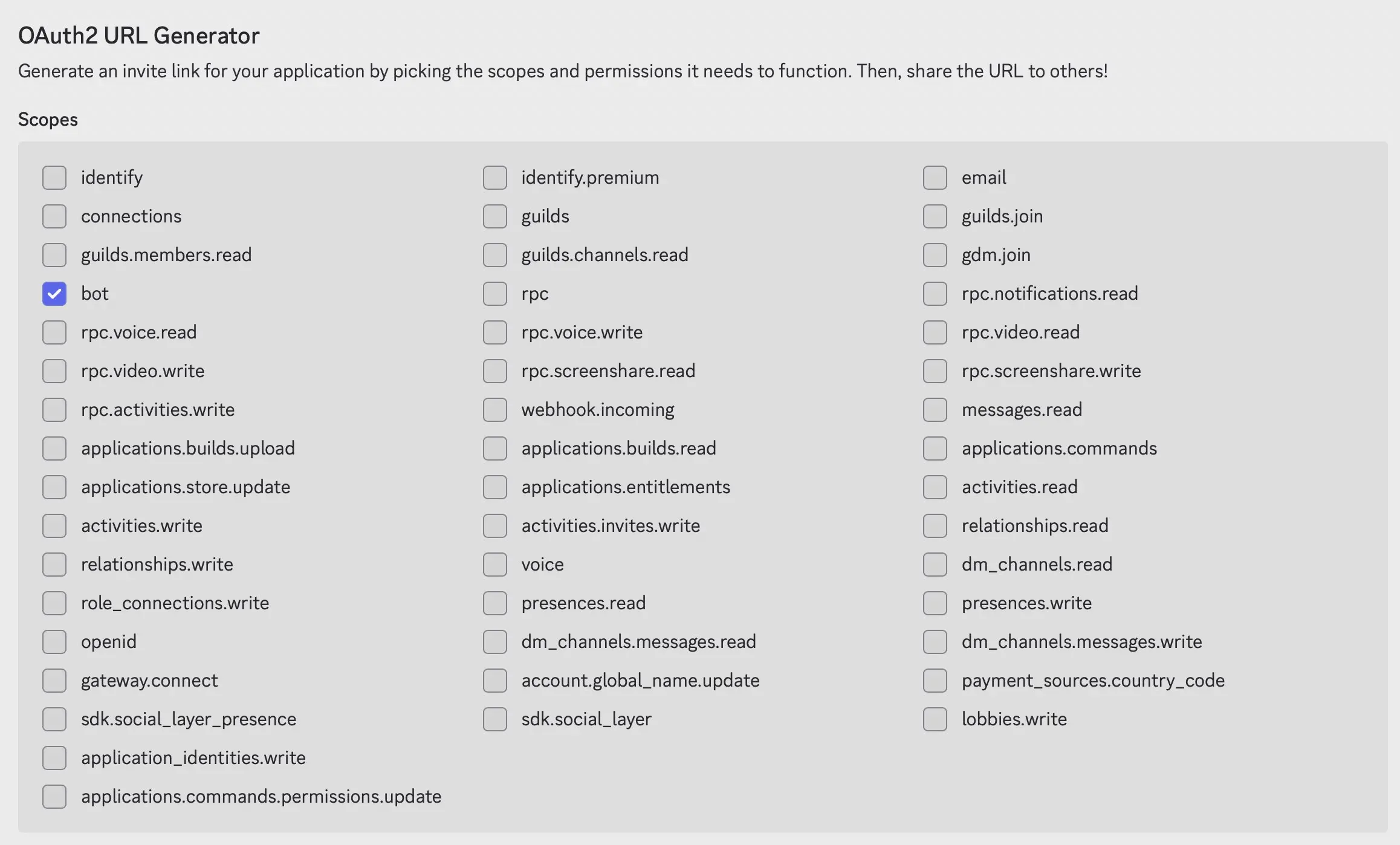 Discord Developer Portal: URL Generator Image: Discord Developer Portal: URL Generator