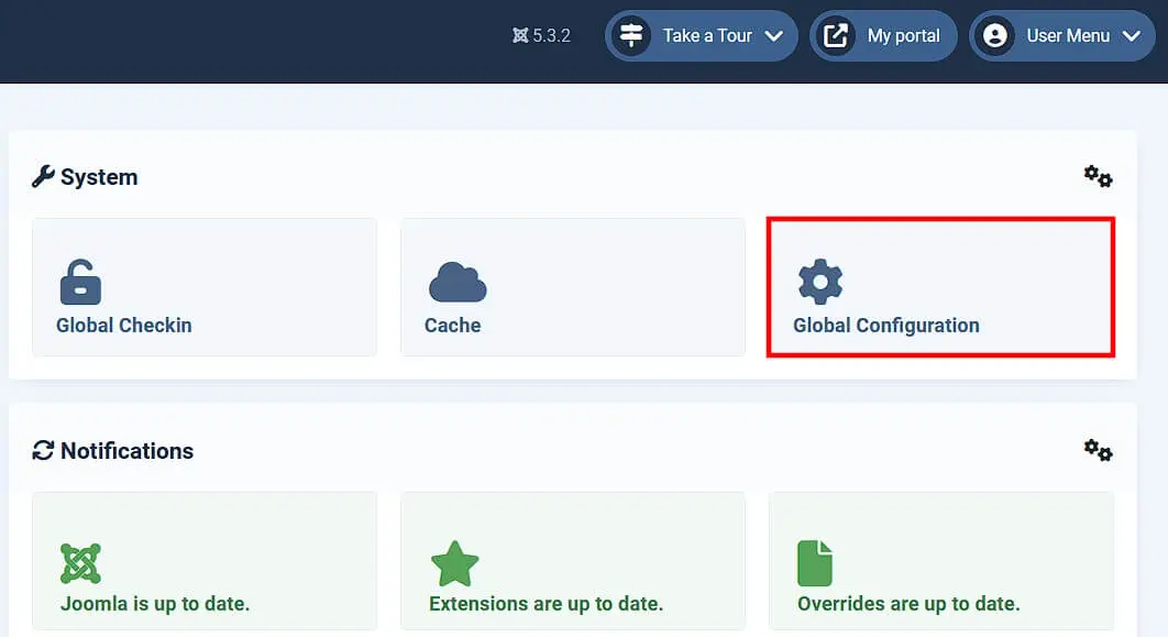 “Global Configuration” button in the Joomla backend Image: “Global Configuration” button in the Joomla backend