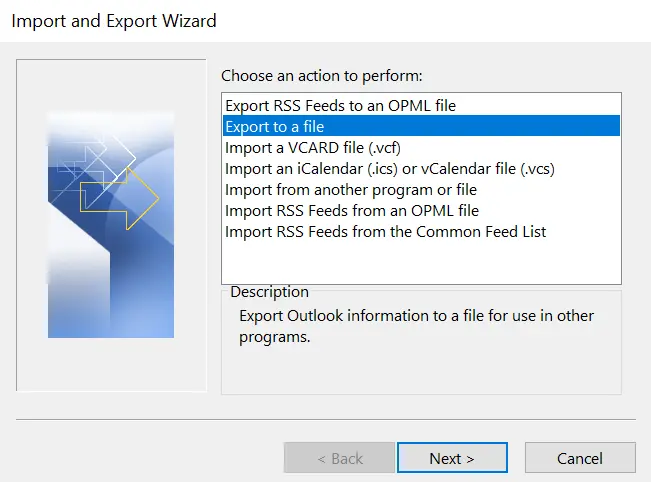 Image: Import and Export Wizard in Outlook 365