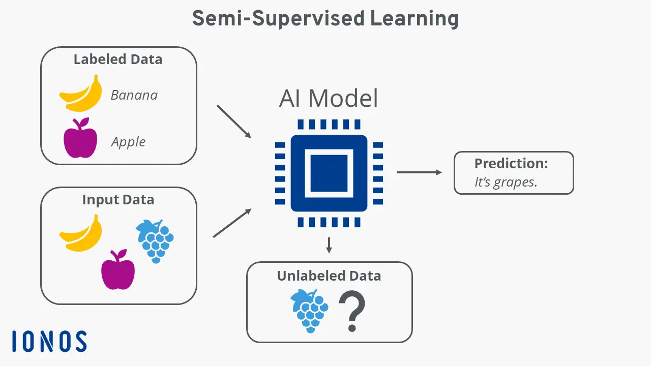 Diagram illustrating how semi-supervised learning works with a simple example using fruit Image: Diagram illustrating how semi-supervised learning works with a simple example using fruit
