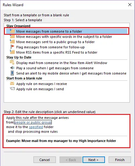 Outlook Rules Wizard: Selecting rule templates Image: Outlook Rules Wizard: Selecting rule templates