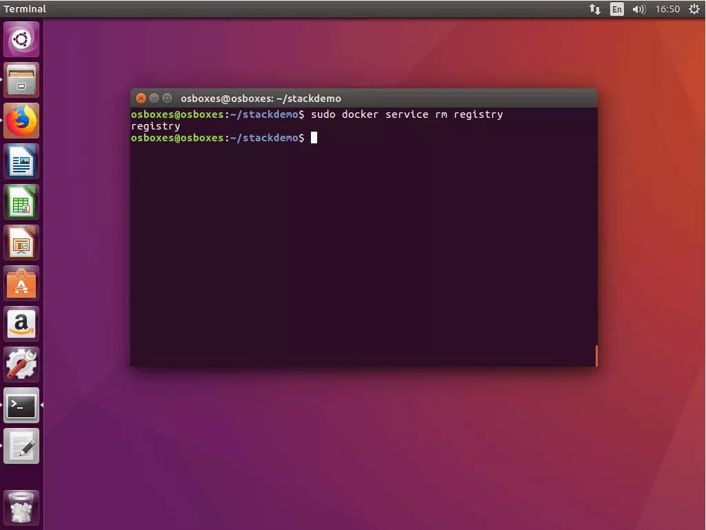Image: The command “docker service rm” in the Ubuntu terminal