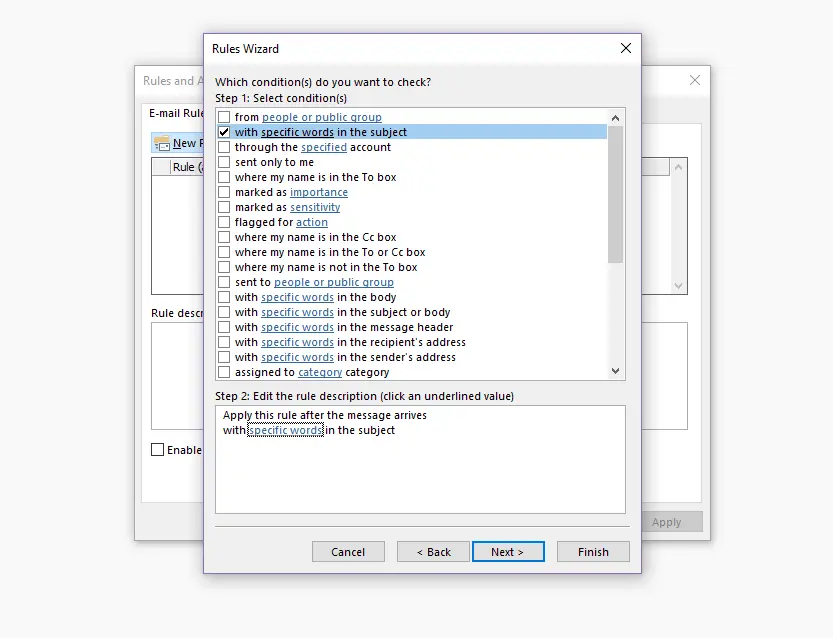 Outlook Rules Wizard: Selecting conditions Image: Outlook Rules Wizard: Selecting conditions