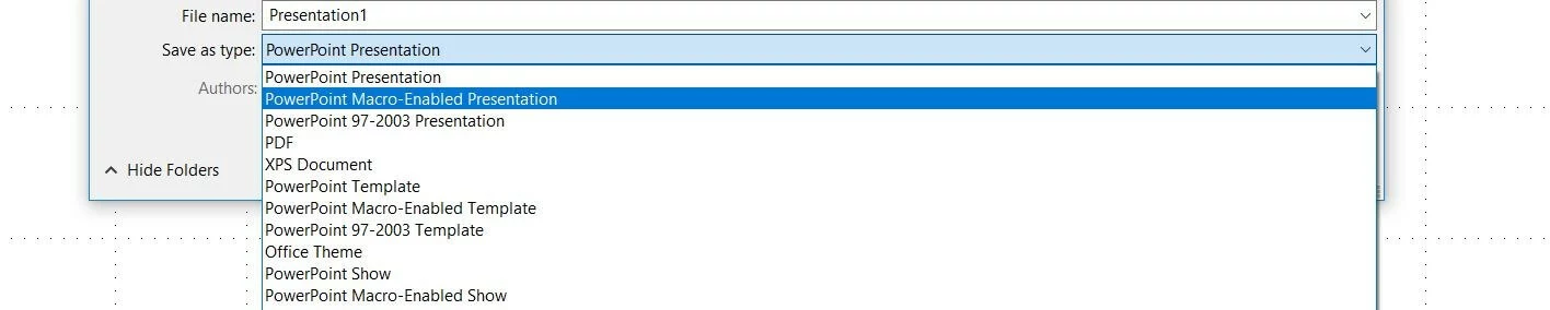 Selecting the file type in PowerPoint 2016