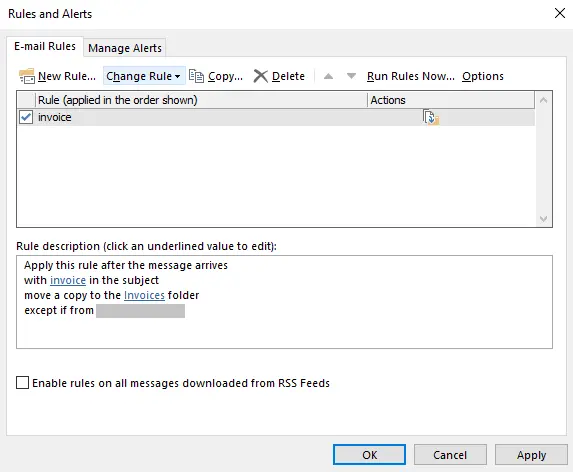 Outlook Rules Wizard: Rules and Alerts dialog box Image: Outlook Rules Wizard: Rules and Alerts dialog box